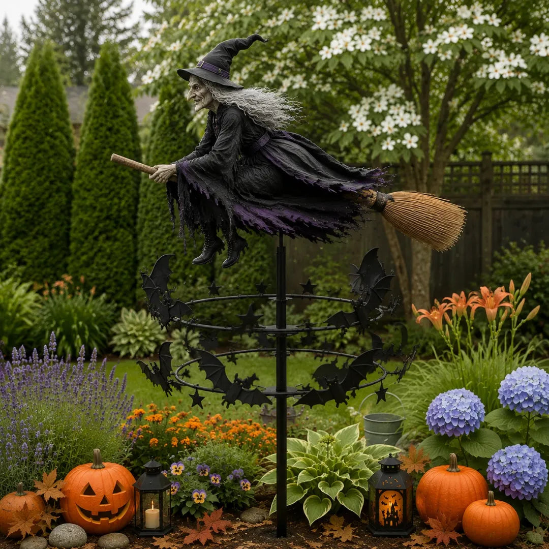 🧙♀️ Enchanted Witch Garden Wind Spinner – Flying Witch & Dancing Bats Halloween Outdoor Decor