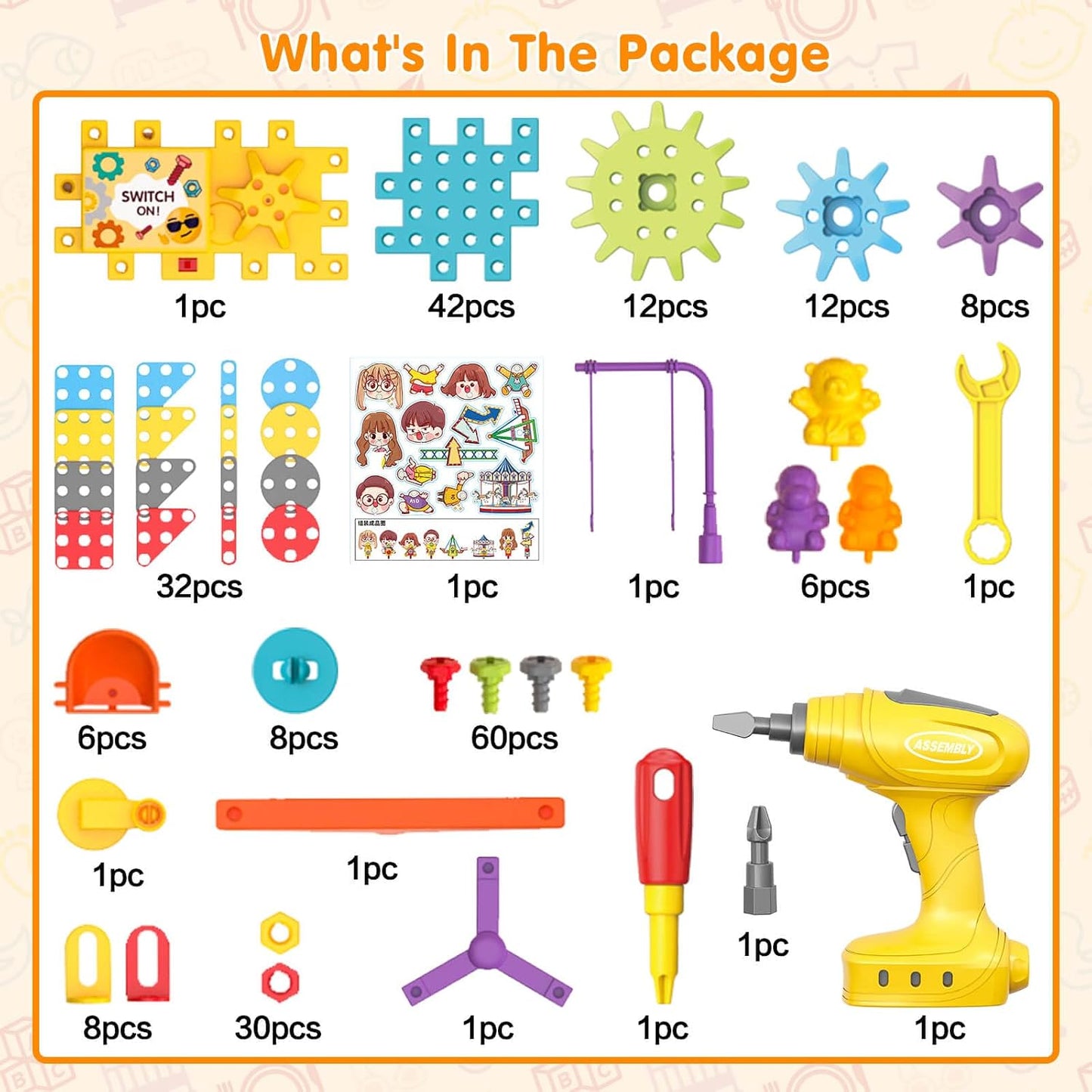 🚀 Build & Create STEM Gear Toy Set – 125PCS Engineering Building Blocks with Electric Drill for Creative Kids
