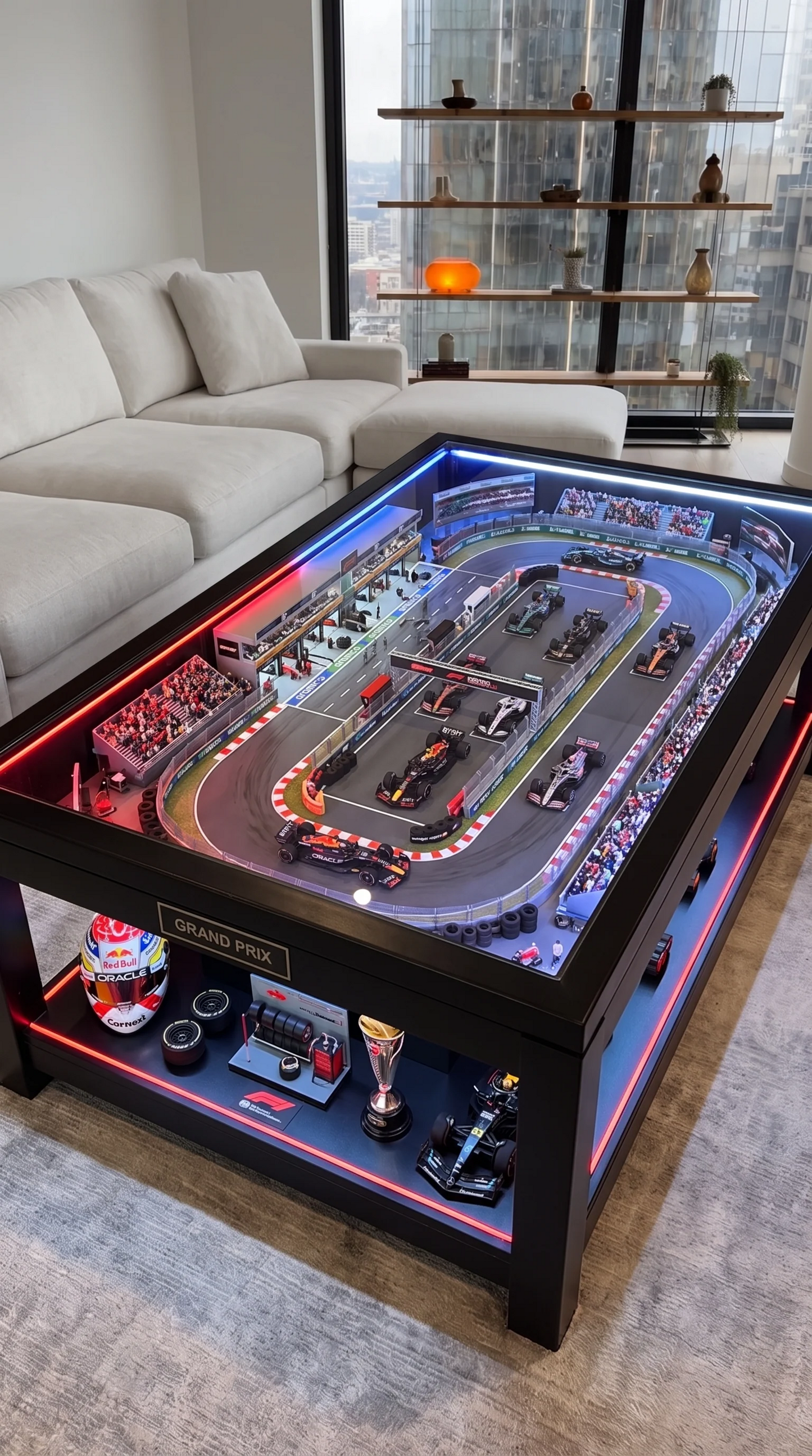 🏁 Racing Track Coffee Table – LED‑Lit Motorsport Display for Gaming Rooms & Man Caves