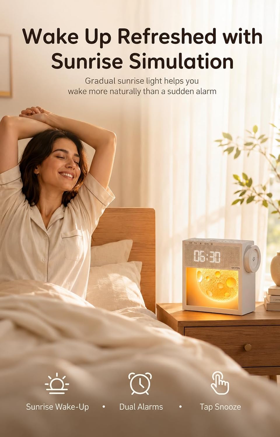 🌙 Moon Lamp Alarm Clock – Sunrise Wake Up Light with 20 Natural Sounds, Dimmable Night Light & Bedside Lamp