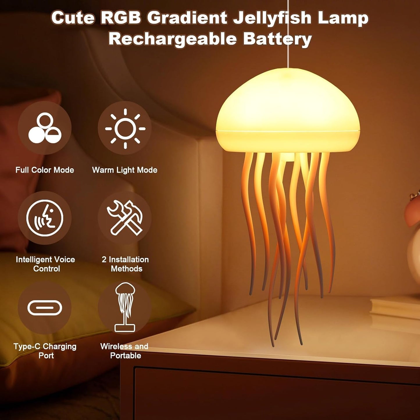 🌊 Jellyfish Lamp – RGB Ocean Wave Night Light with Voice Control, Dancing Tentacles & Rechargeable Table Lamp