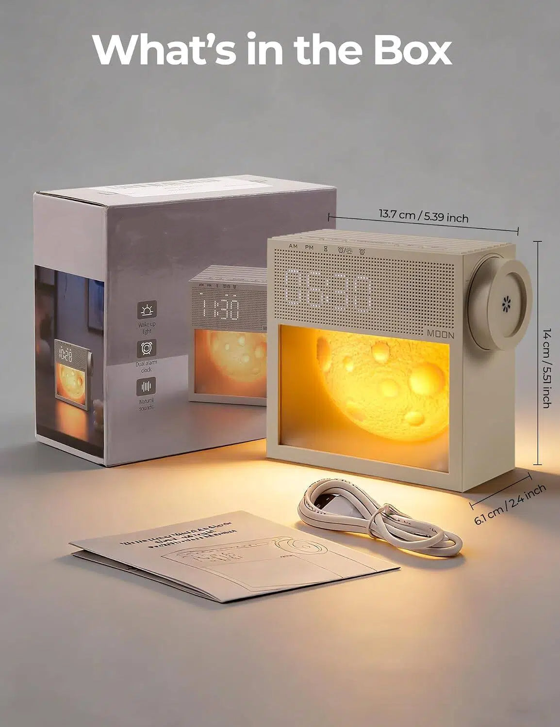 🌙 Moon Lamp Alarm Clock – Sunrise Wake Up Light with 20 Natural Sounds, Dimmable Night Light & Bedside Lamp