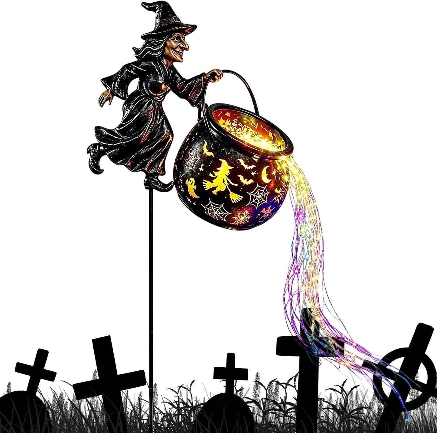 🧙‍♀️ Halloween Witch Cauldron Solar Garden Light – Magical Waterfall Glow Outdoor Decor for Yard, Porch & Halloween Party