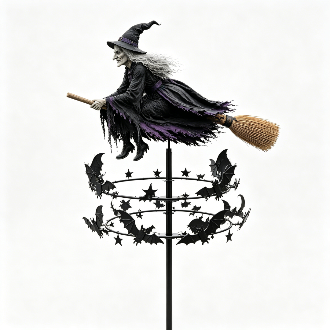 🧙‍♀️ Enchanted Witch Garden Wind Spinner – Flying Witch & Dancing Bats Halloween Outdoor Decor