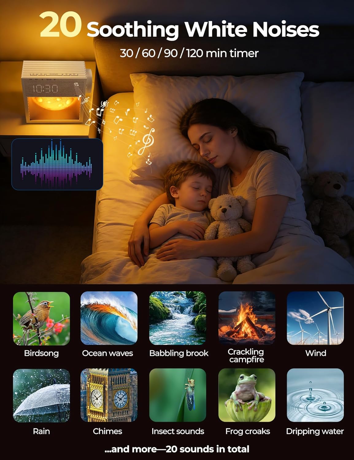 🌙 Moon Lamp Alarm Clock – Sunrise Wake Up Light with 20 Natural Sounds, Dimmable Night Light & Bedside Lamp