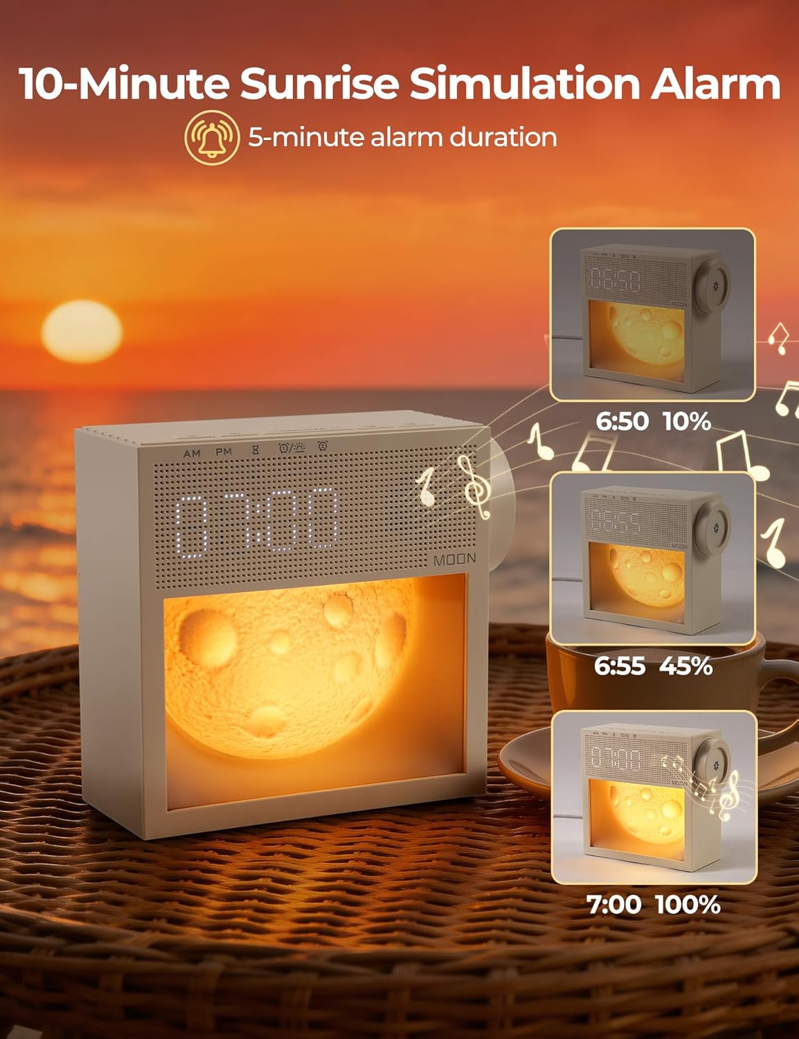 🌙 Moon Lamp Alarm Clock – Sunrise Wake Up Light with 20 Natural Sounds, Dimmable Night Light & Bedside Lamp