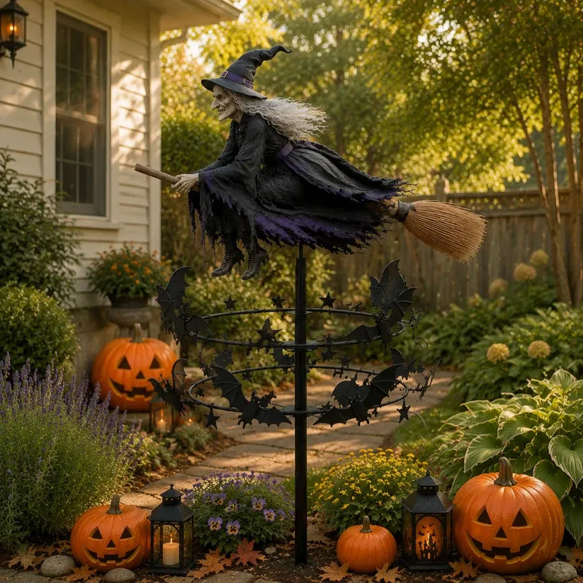 🧙‍♀️ Enchanted Witch Garden Wind Spinner – Flying Witch & Dancing Bats Halloween Outdoor Decor