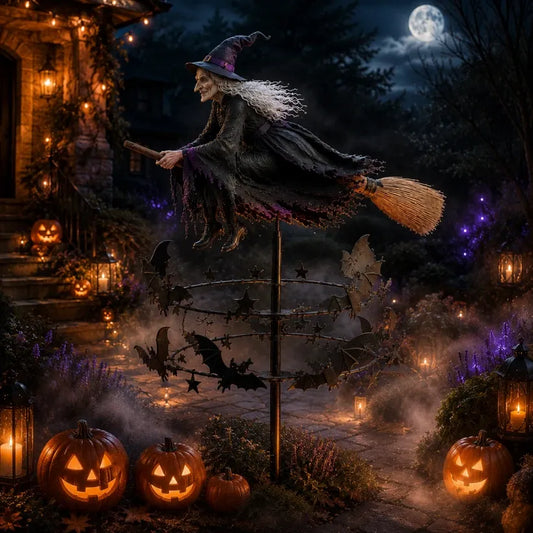 🧙‍♀️ Enchanted Witch Garden Wind Spinner – Flying Witch & Dancing Bats Halloween Outdoor Decor