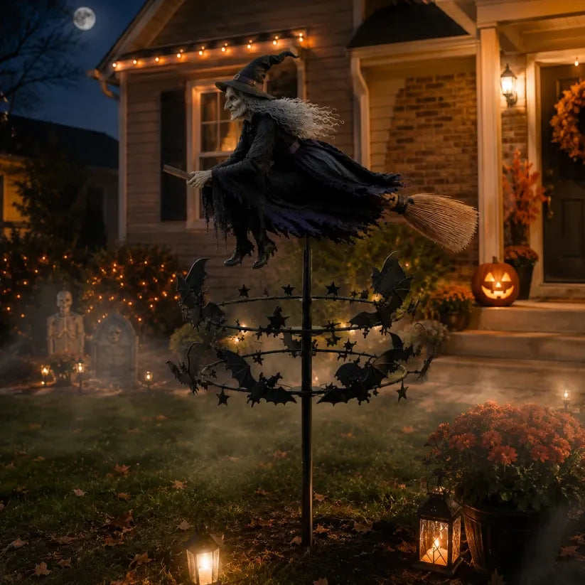 🧙‍♀️ Enchanted Witch Garden Wind Spinner – Flying Witch & Dancing Bats Halloween Outdoor Decor