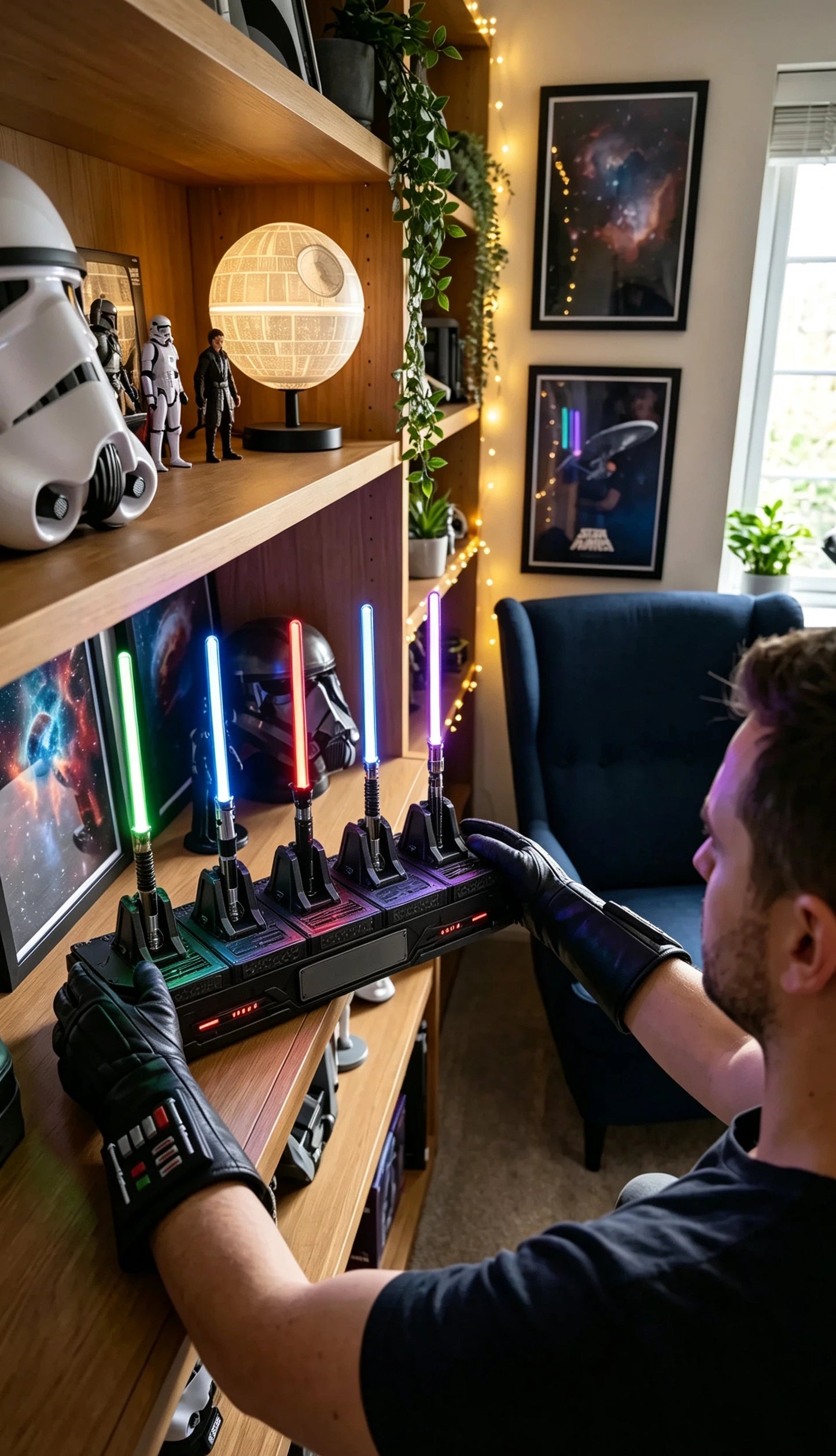 🌌 Five Illuminated Light Swords – A Cosmic Display Set for Collectors