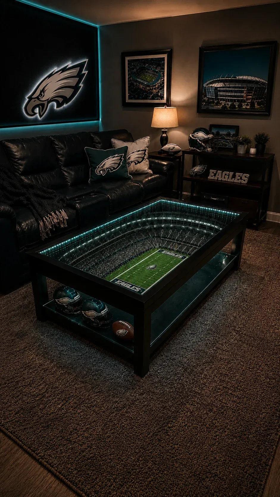 ⚽ Stadium‑Inspired Coffee Table – LED‑Lit Game Day Centerpiece for Your Living Room