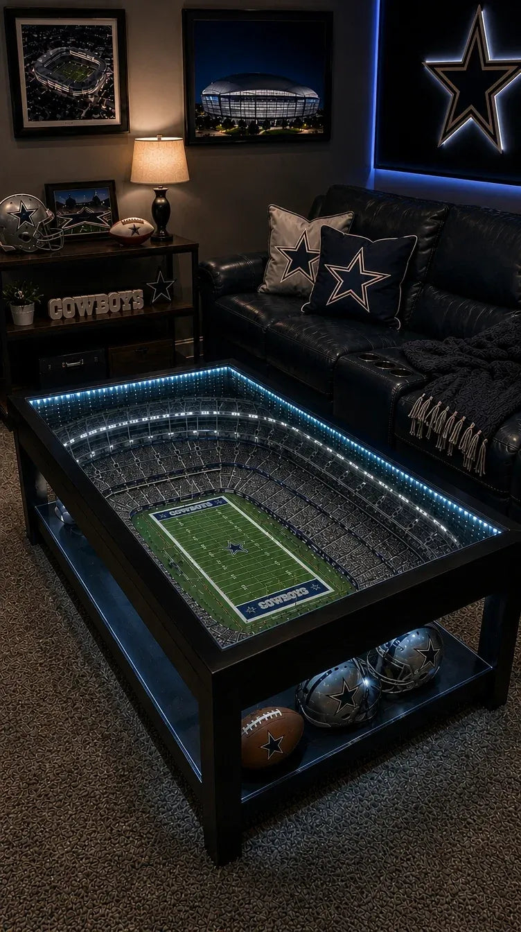 ⚽ Stadium‑Inspired Coffee Table – LED‑Lit Game Day Centerpiece for Your Living Room
