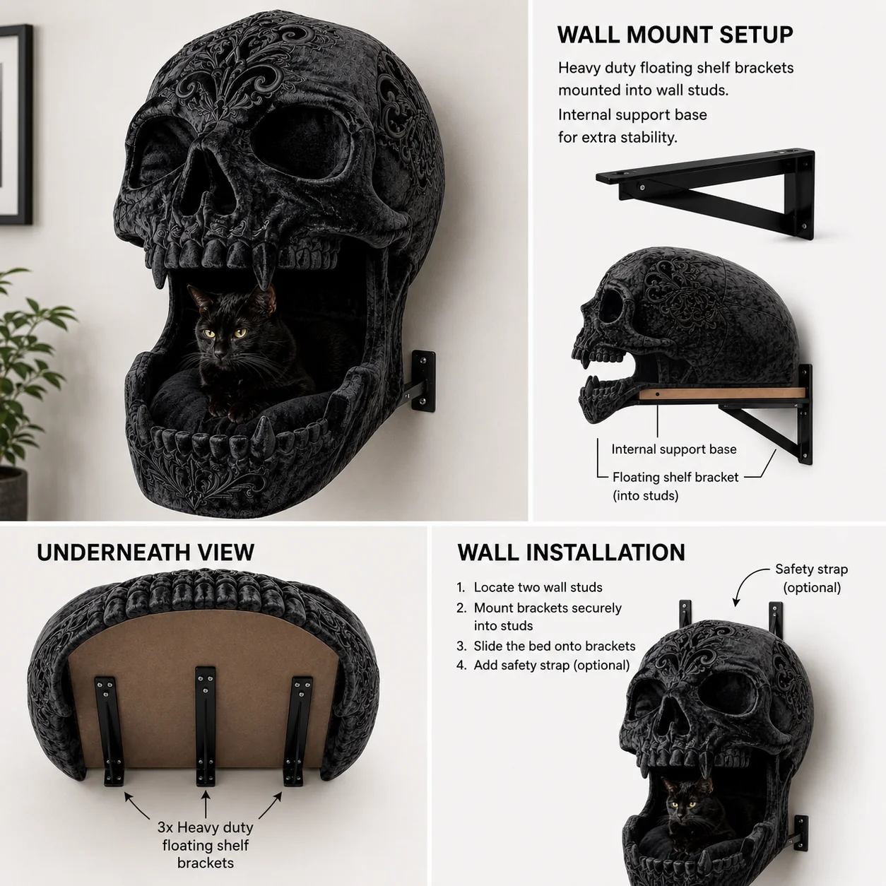 🖤 Gothic Wall‑Mounted Cat Bed – Cozy Elevated Hideaway for Your Feline Friend